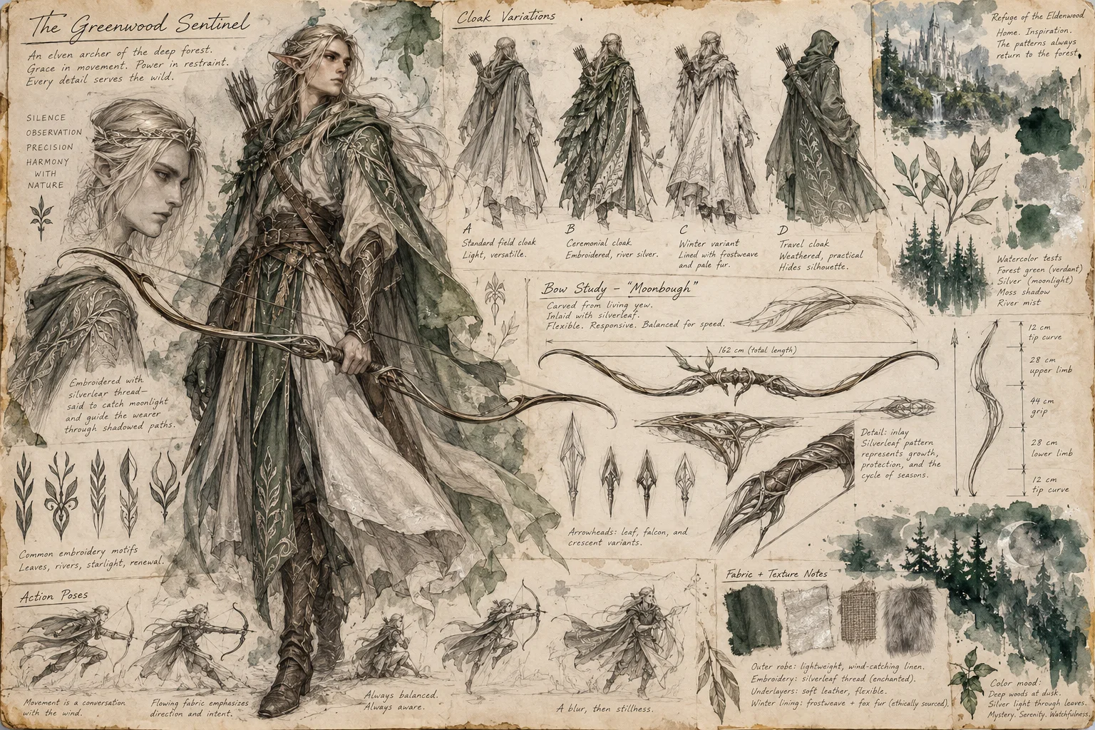 Elven archer sketchbook concept sheet