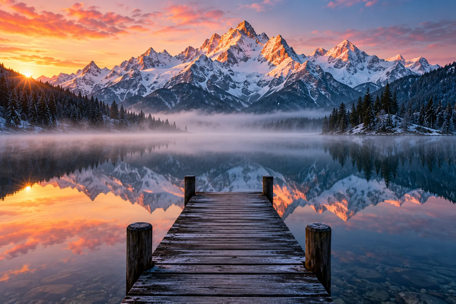 Misty Alpine Lake at Sunrise