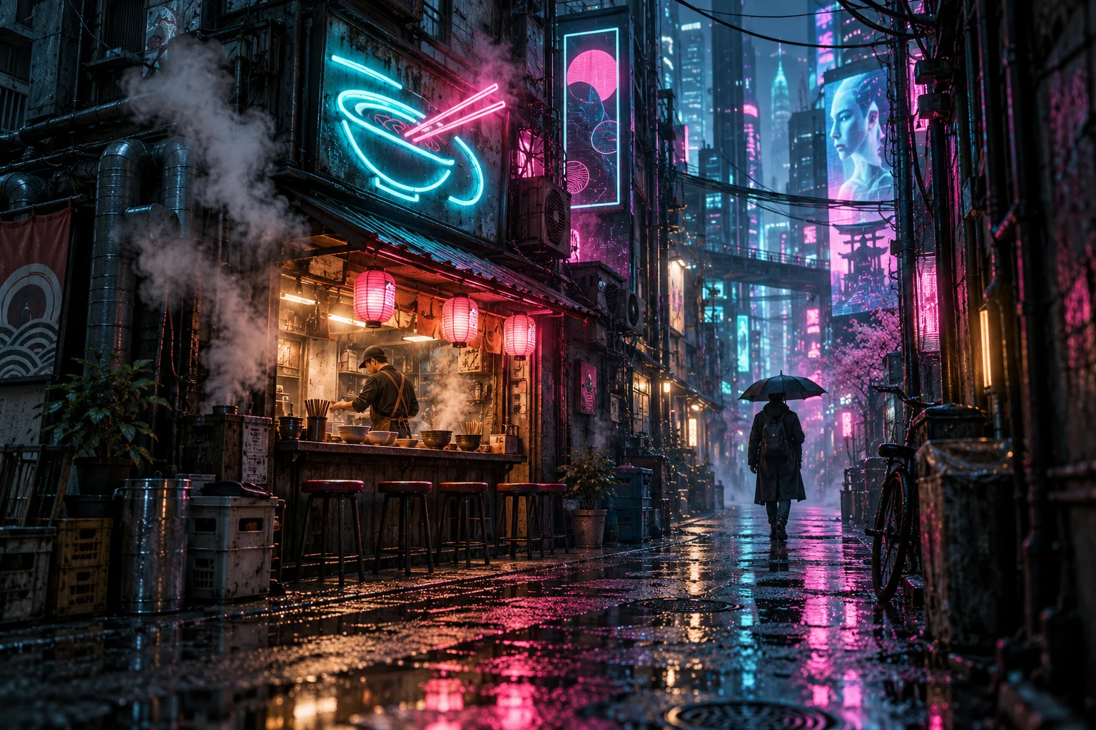 Rainy Cyberpunk Alley Ramen Shop