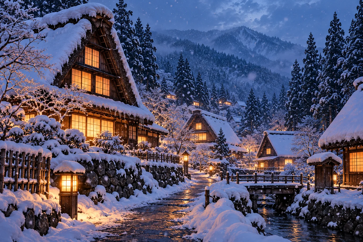 Snowy Japanese Mountain Village