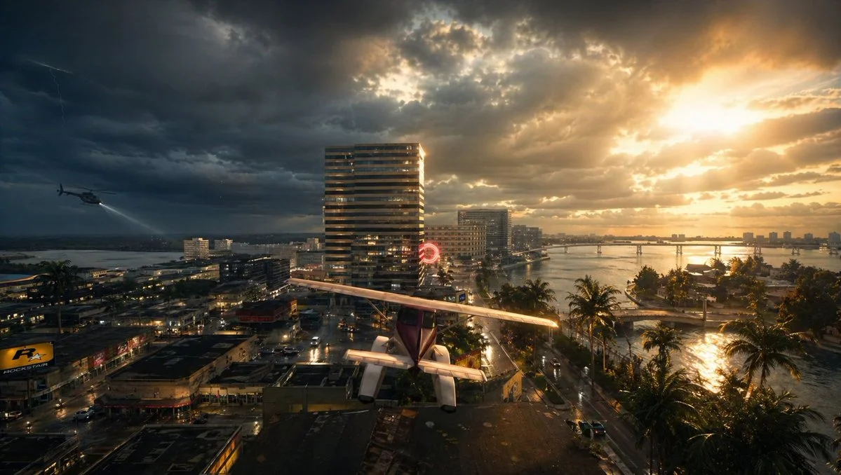 Stormy Tropical City With Rooftop Plane
