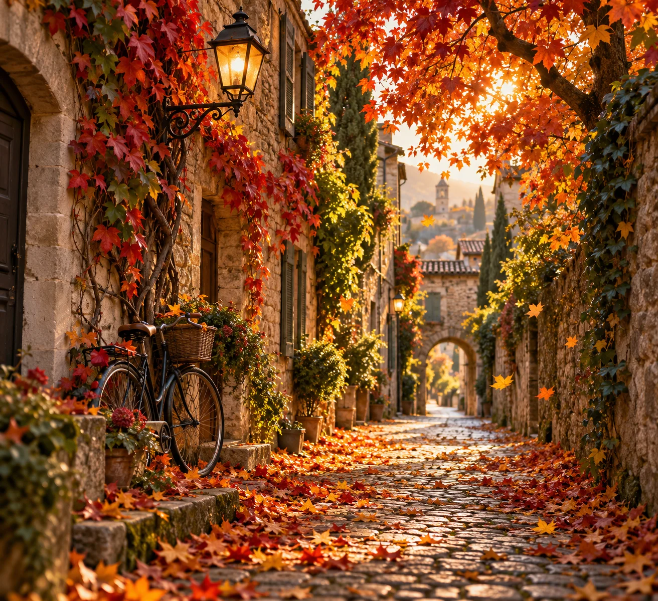 Autumn Alley with Falling Leaves