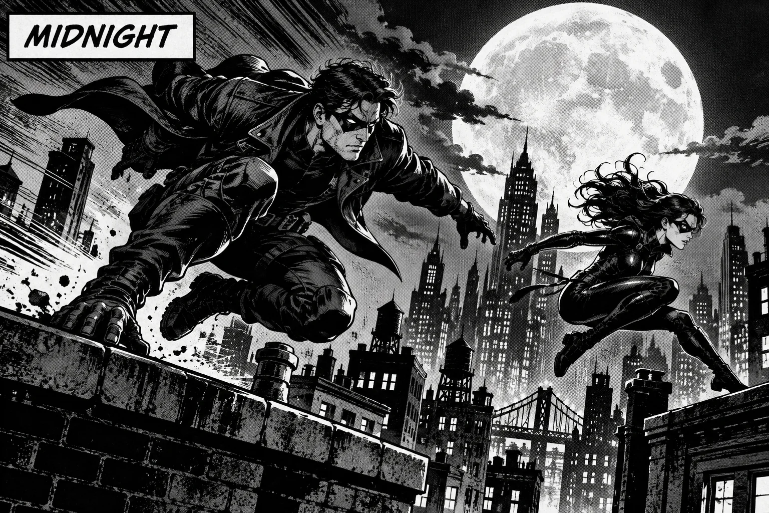 Noir Comic Panel Rooftop Chase
