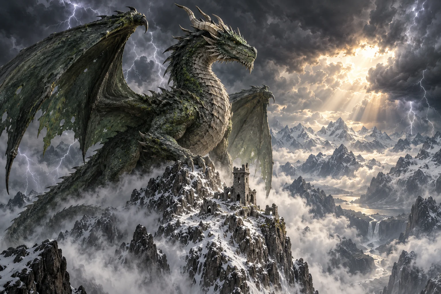 Dragon Perched on Mountain Peak