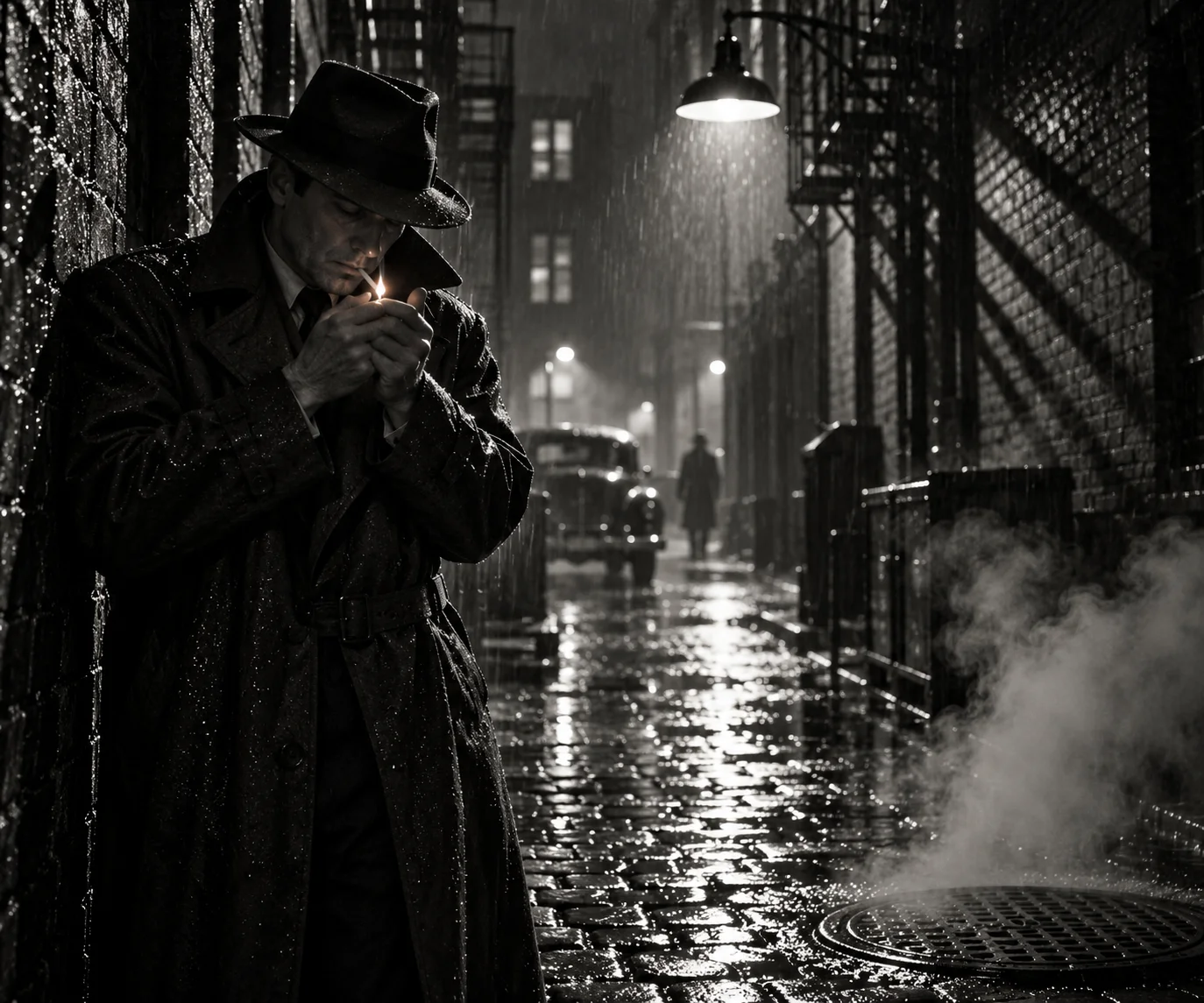 Noir Detective in Rain-Soaked Alley