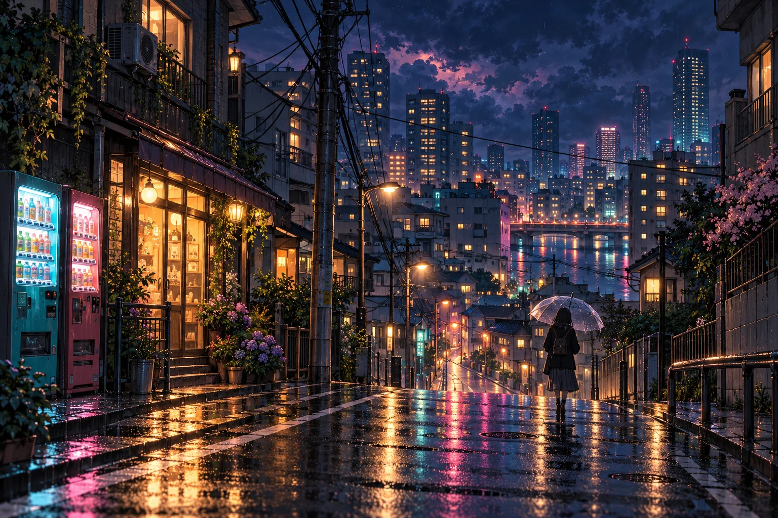 Anime Cityscape Night Rain
