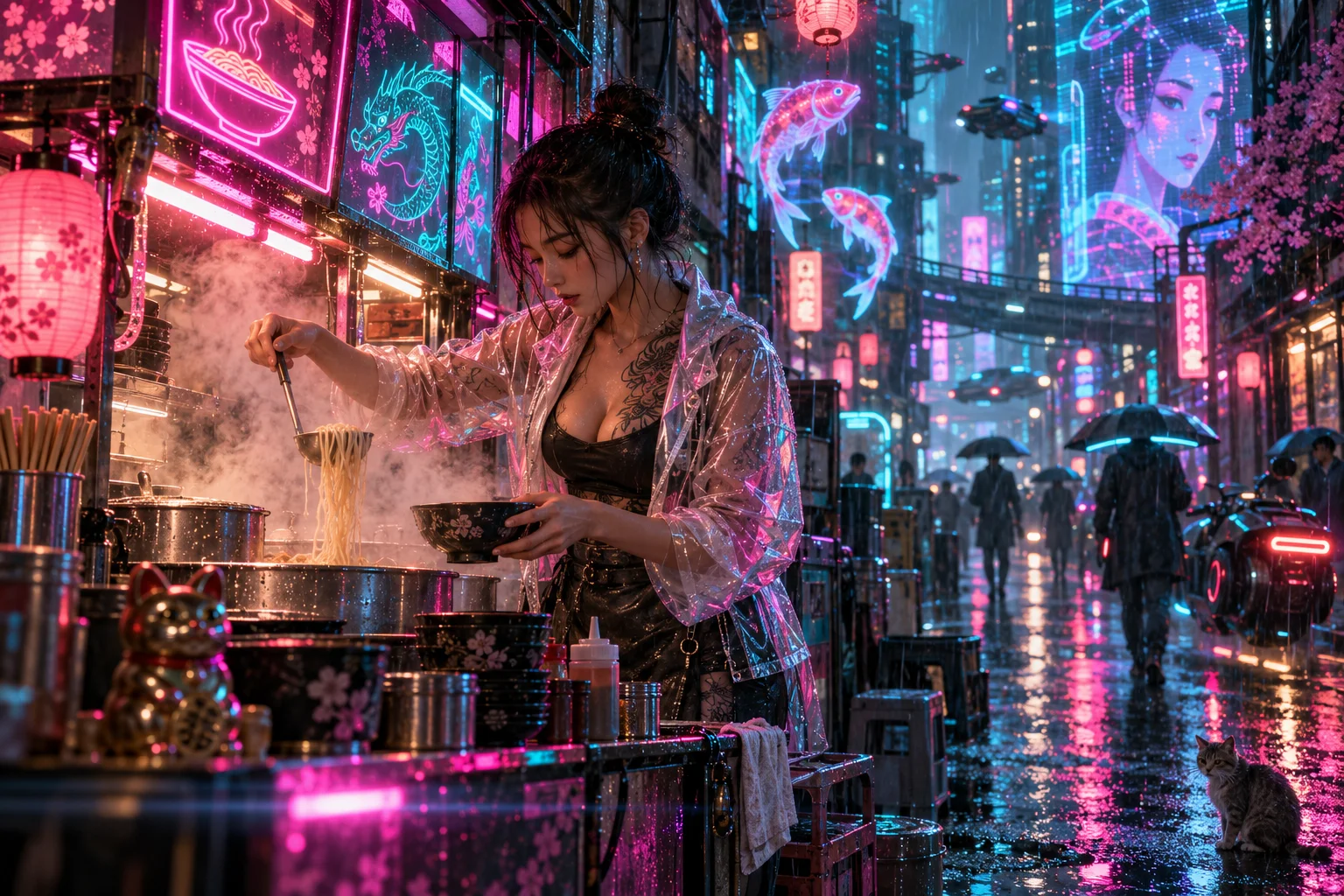 Neon Street Food Vendor Cyberpunk